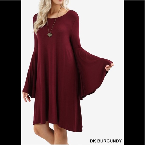 Zenana Outfitters Dresses & Skirts - NEW SMALL Swing Dress Bell Sleeves Dark Burgundy